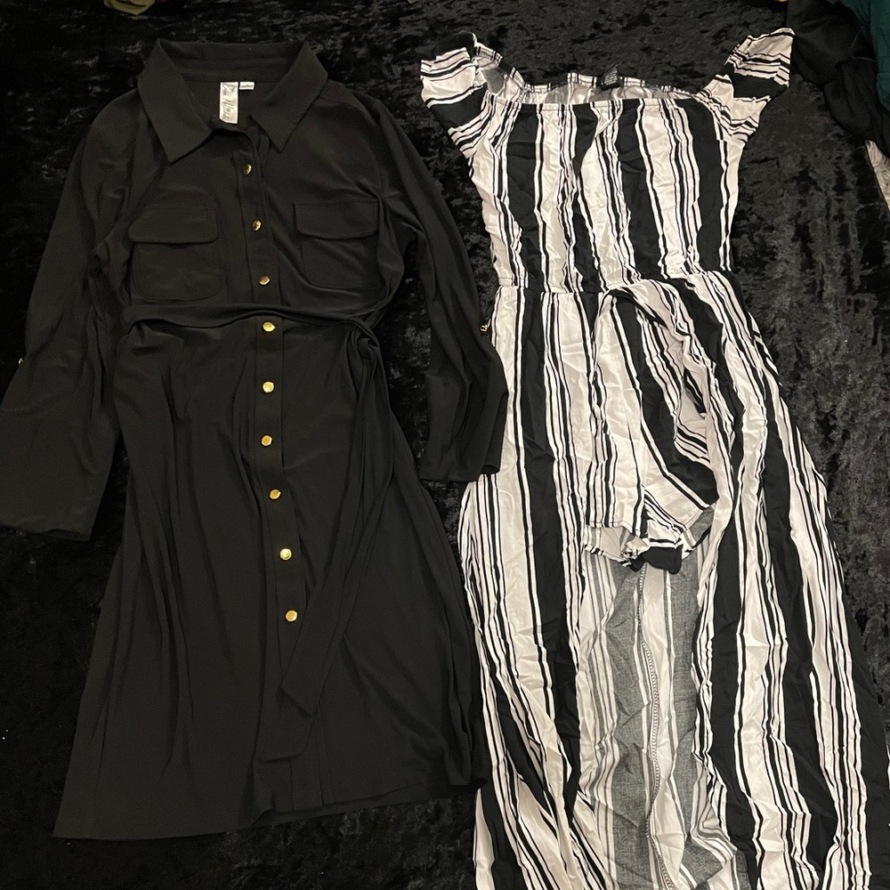 Black dress and black and white romper suit